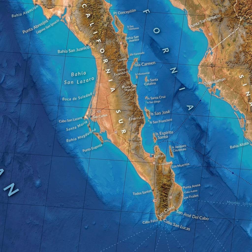 Close up of ocean map focused on the southern Baja region showing Los Cabos, the open Pacific, and the Sea of Cortez. 