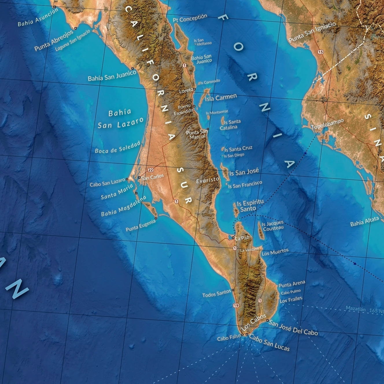 Close up of ocean map focused on the southern Baja region showing Los Cabos, the open Pacific, and the Sea of Cortez. 