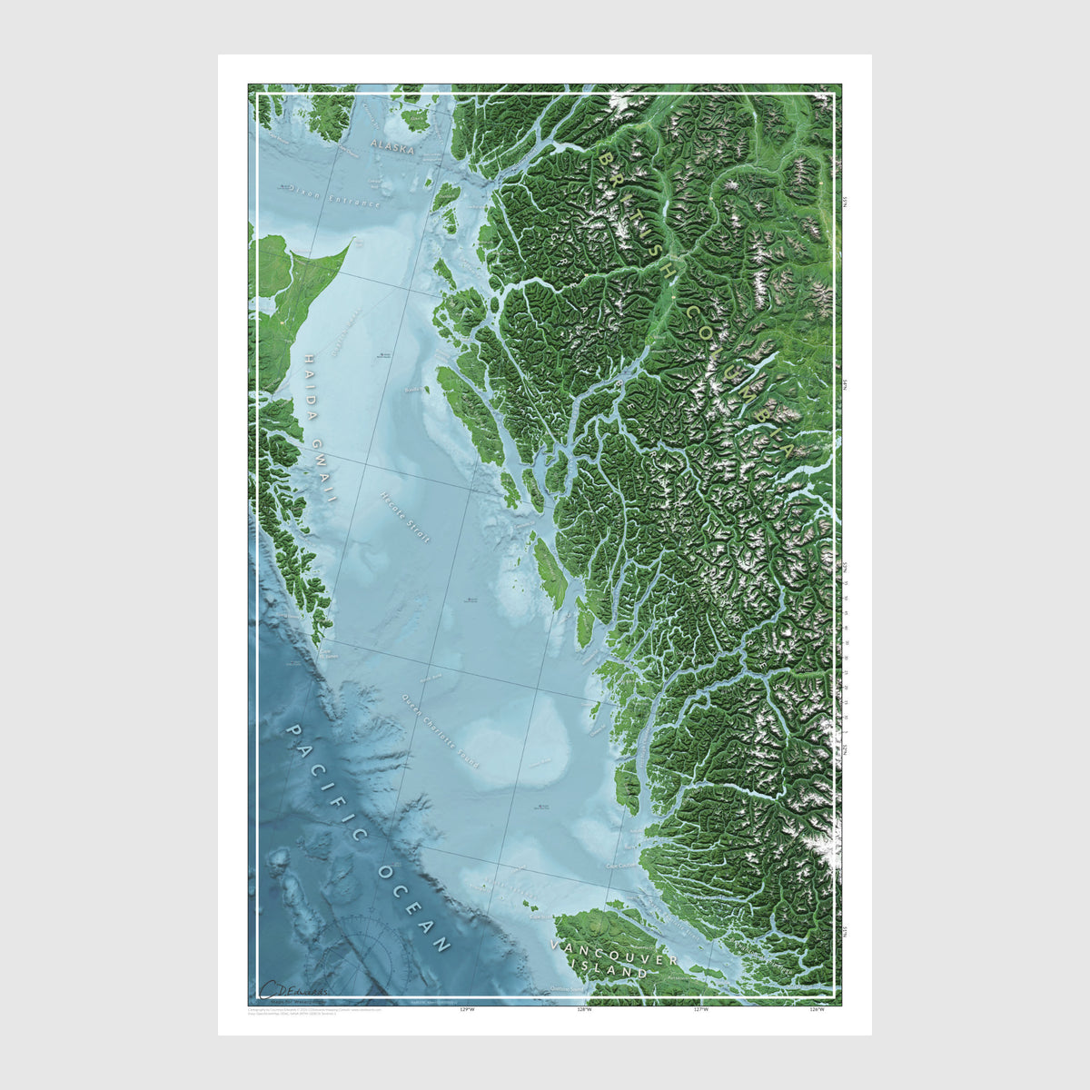 A map of the Great Bear Rainforest, starting on the north end of Vancouver Island and extending up to the Alaska border