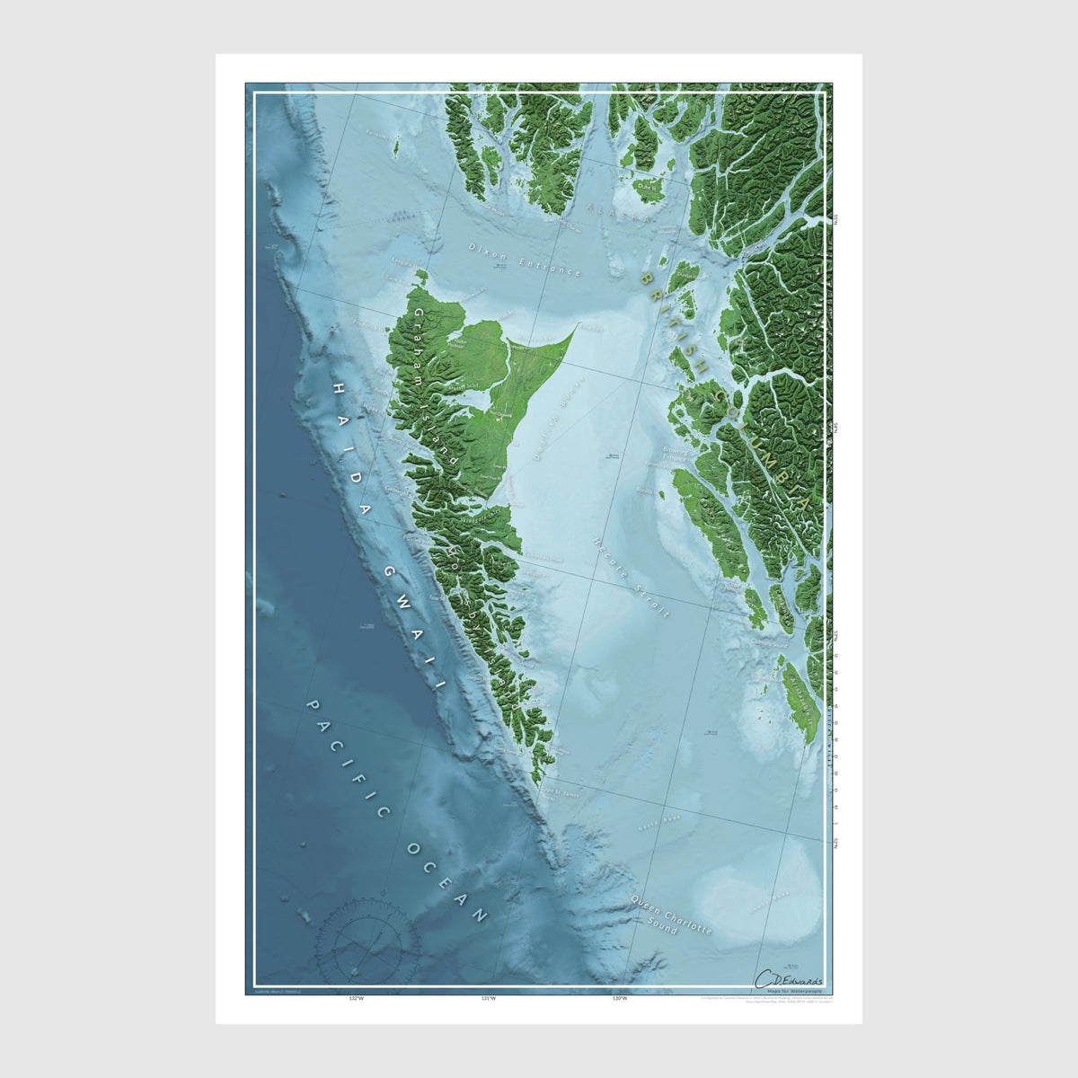 Full Haida Gwaii coastal map print showing intricate islands and waterways in detailed bathymetric style.​