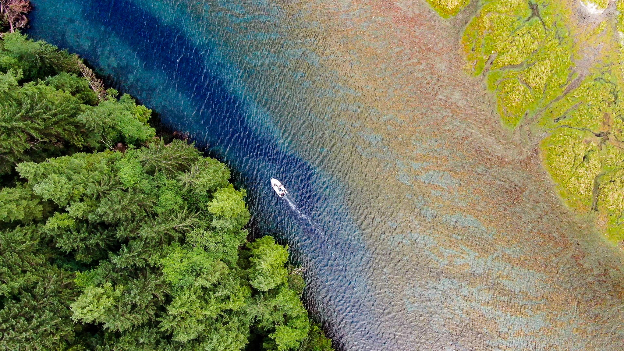 A small power boat motoring through a colourful channel in Haida Gwaii