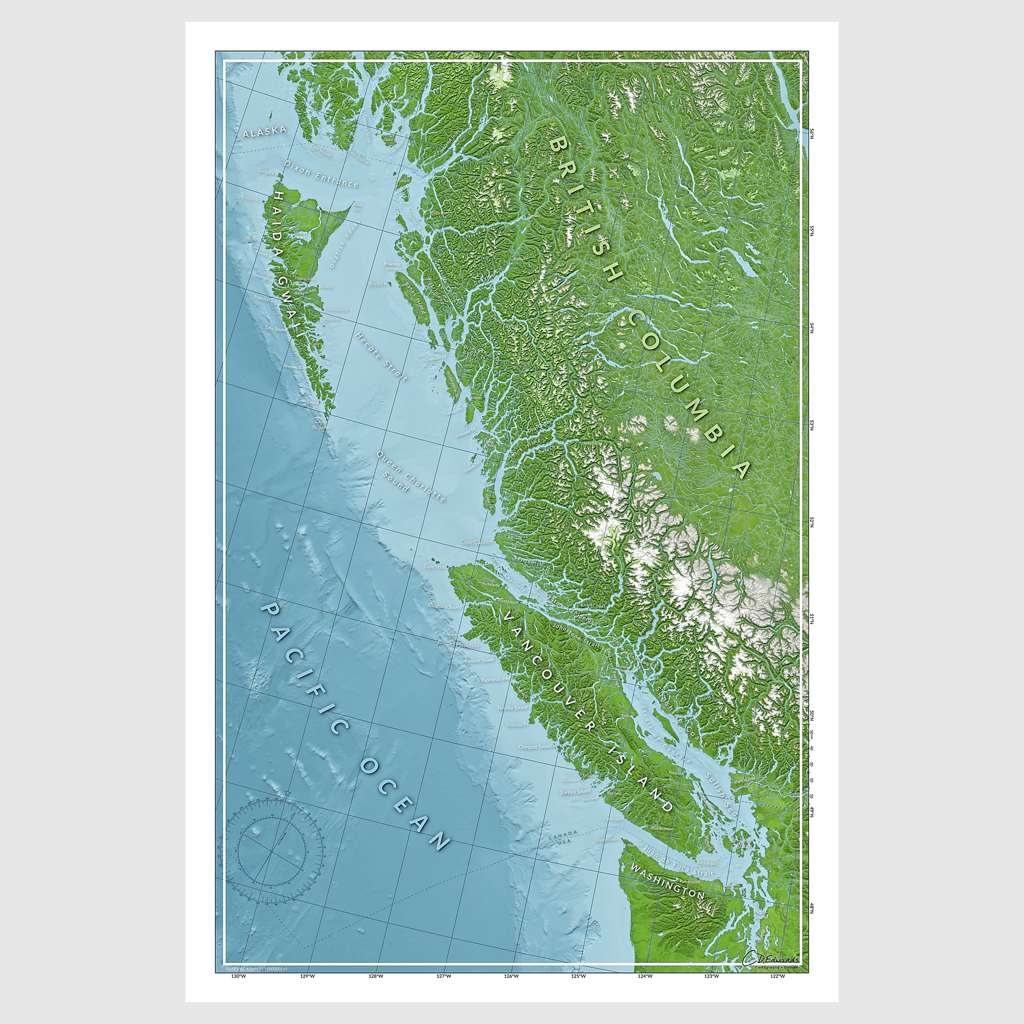 A map of British Columbia for sailors, highlighting the key landmarks and water features.