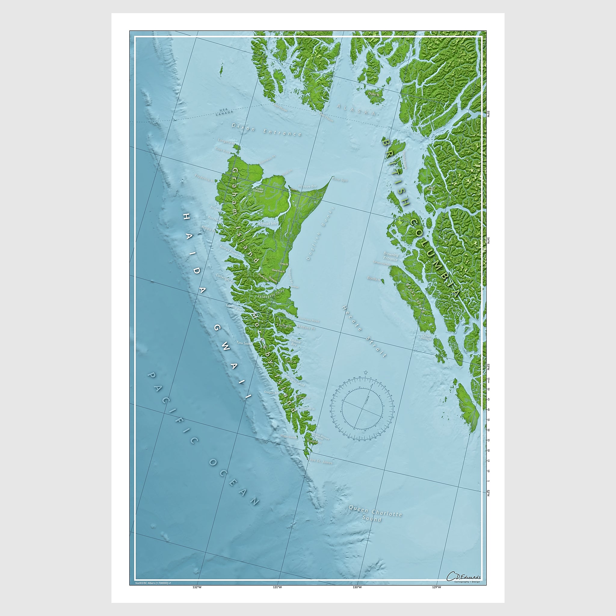 A map of Haida Gwai for sailors and mariners. Showing the bathymetry and key landmarks.
