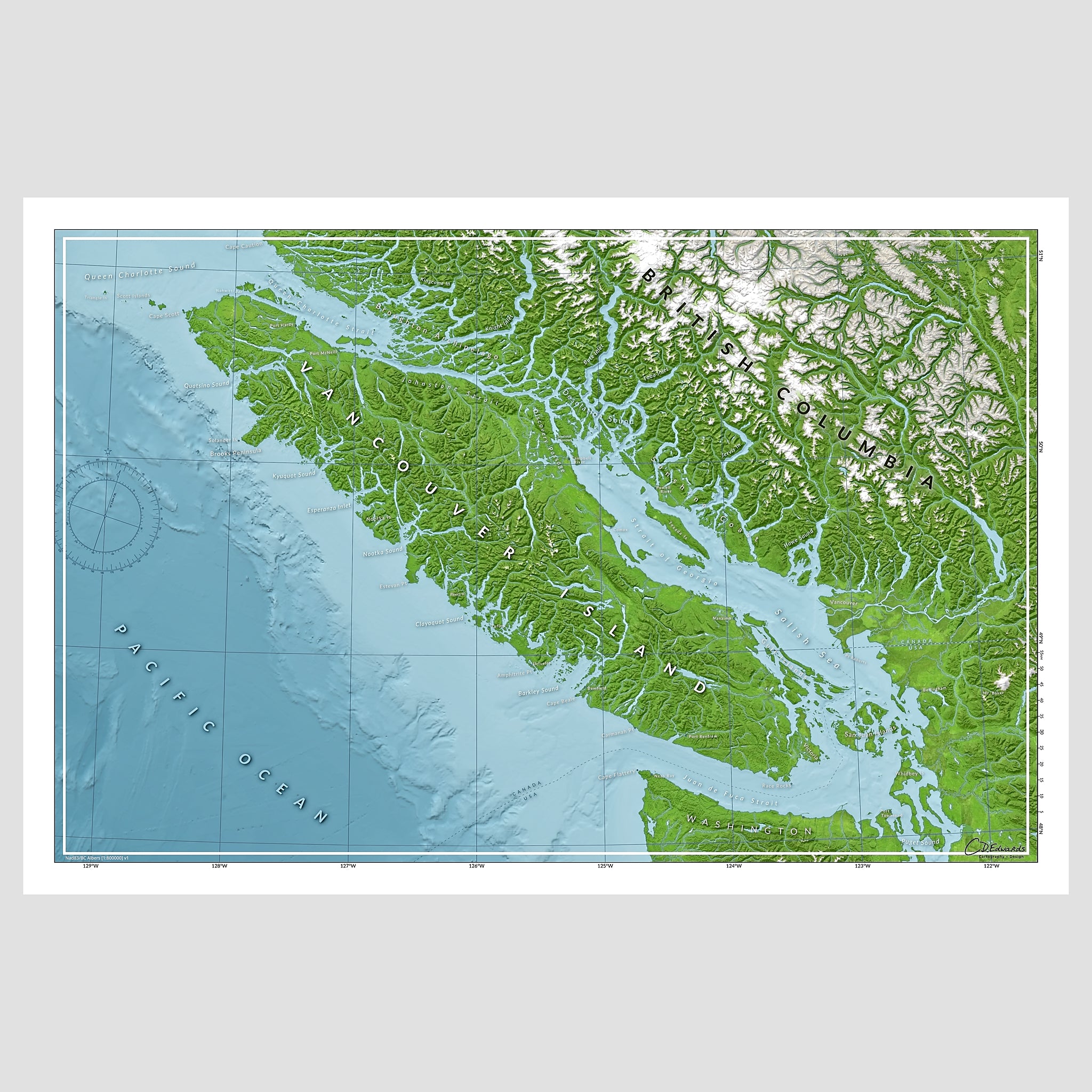 A map of Vancouver Island for sailors and waterpeople, showing key landmarks and bathymetry