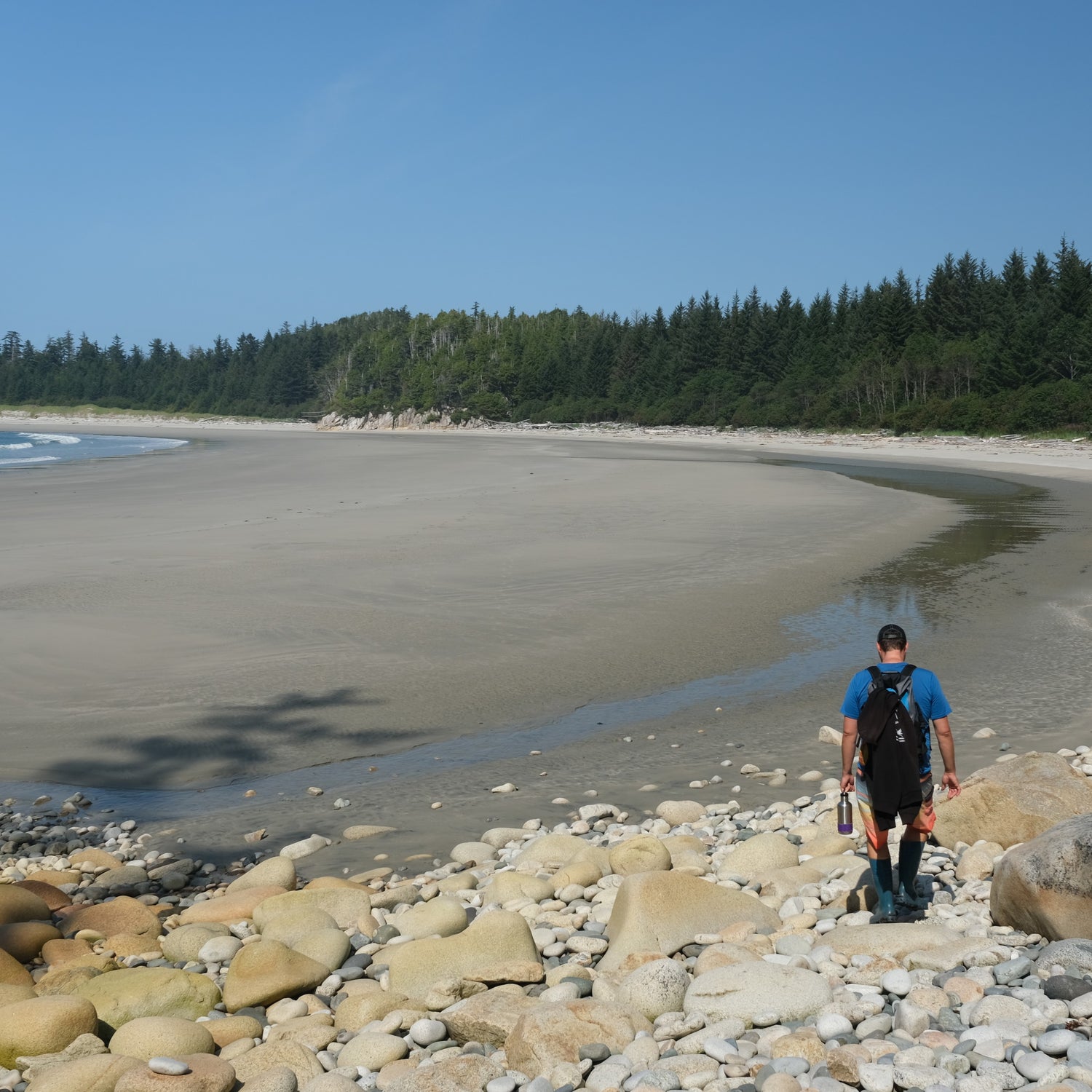 Person walking along a rocky beach on the Central Coast of BC with a forest in the background