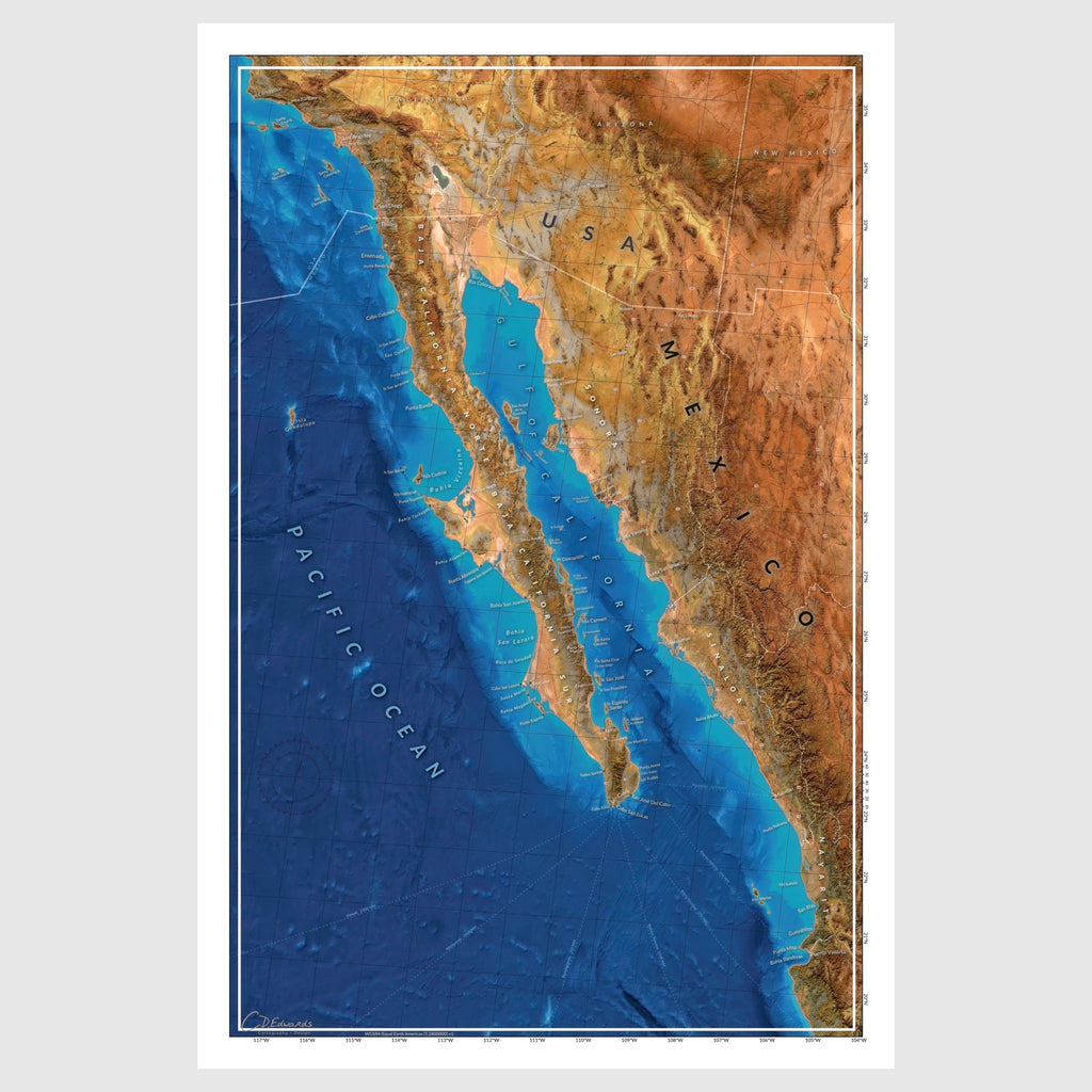Full Baja California and Gulf of California  (Sea of Cortes) map print with desert coasts, sea mounts, and marine routes.​
