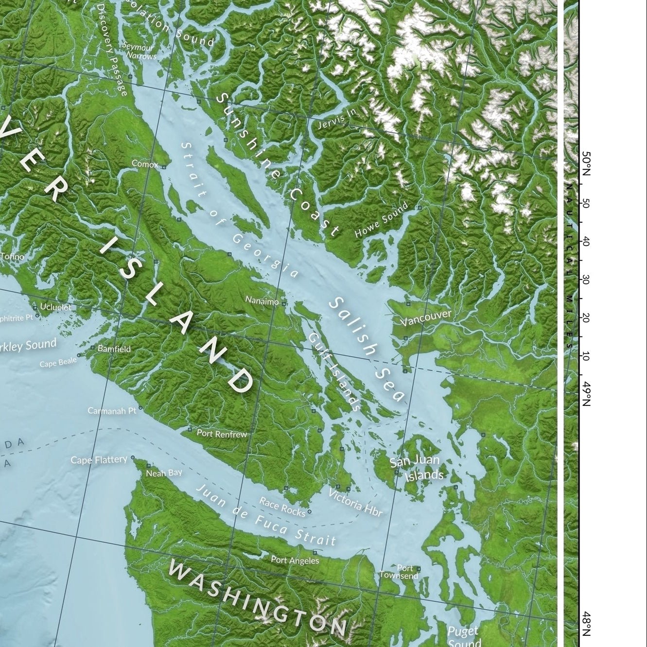 Zoomed to the lower right corner of the map, showing the south end of Vancouver Island and Vancouver and the lower mainland