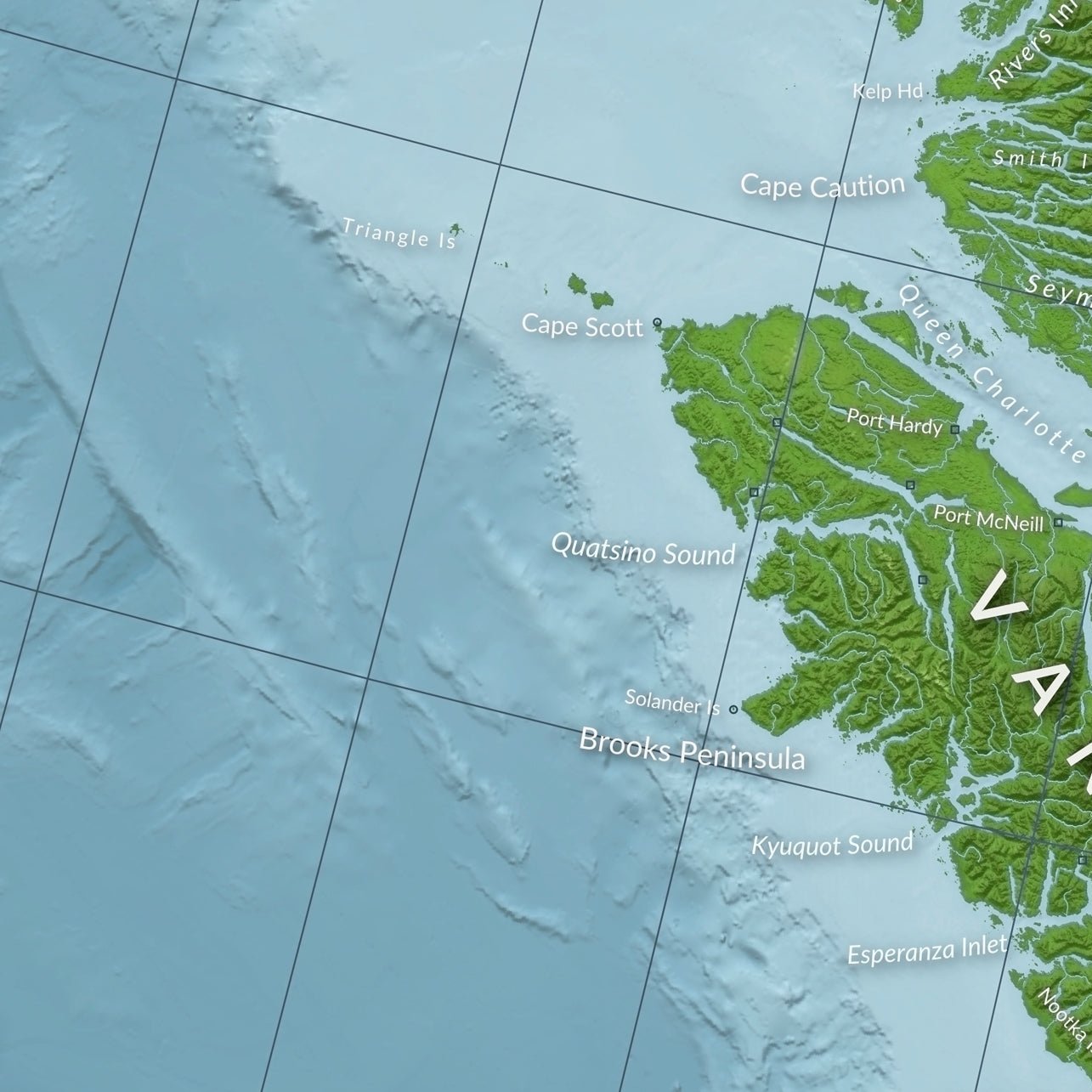 Image of a map of British Columbia, zoomed in to the north end of Vancouver Island, emphasizing the complex bathymetry