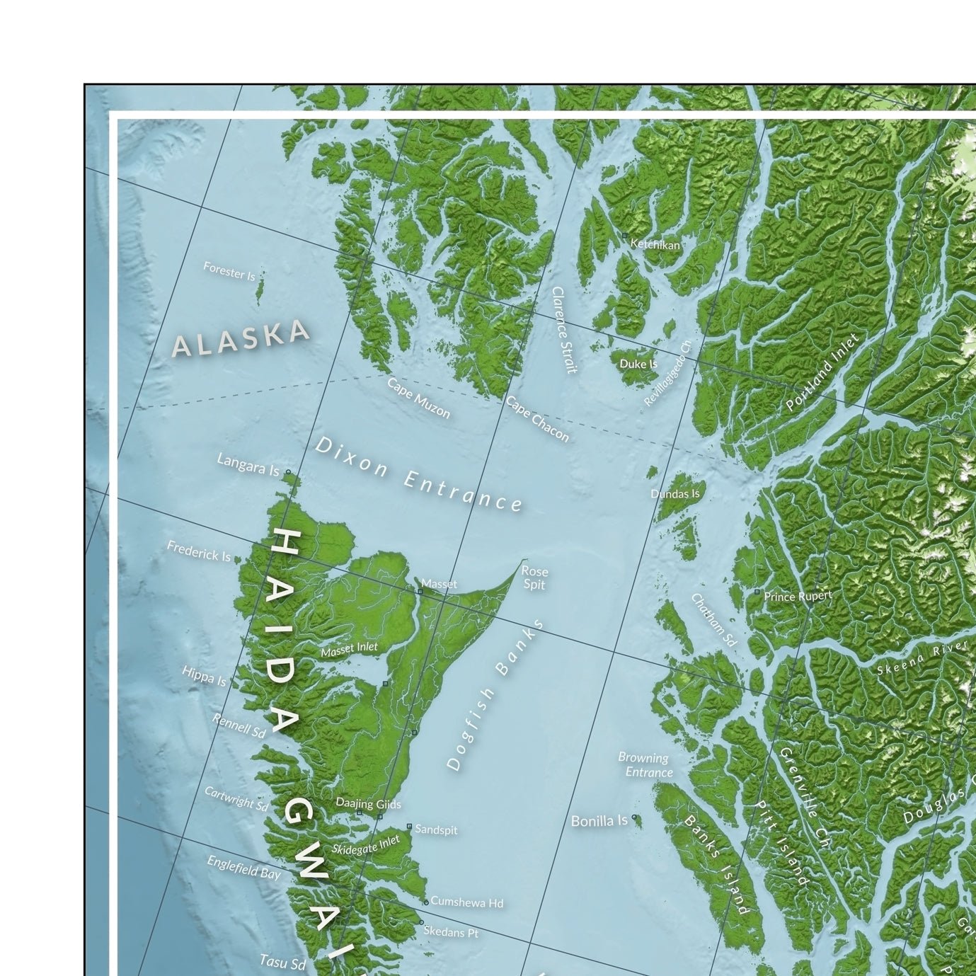 Map of British Columbia, showing Haida Gwaii, Prince Rupert, and the bathymetry of Hecate Strait.
