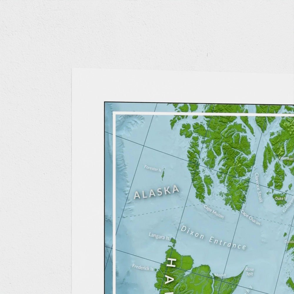 • Close-up corner detail of British Columbia map print, focusing on inlet depths and mountain outlines.​
