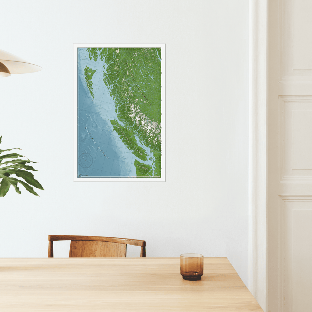 British Columbia map print in dining room wall setting, ideal for adventure planning and home decor.​