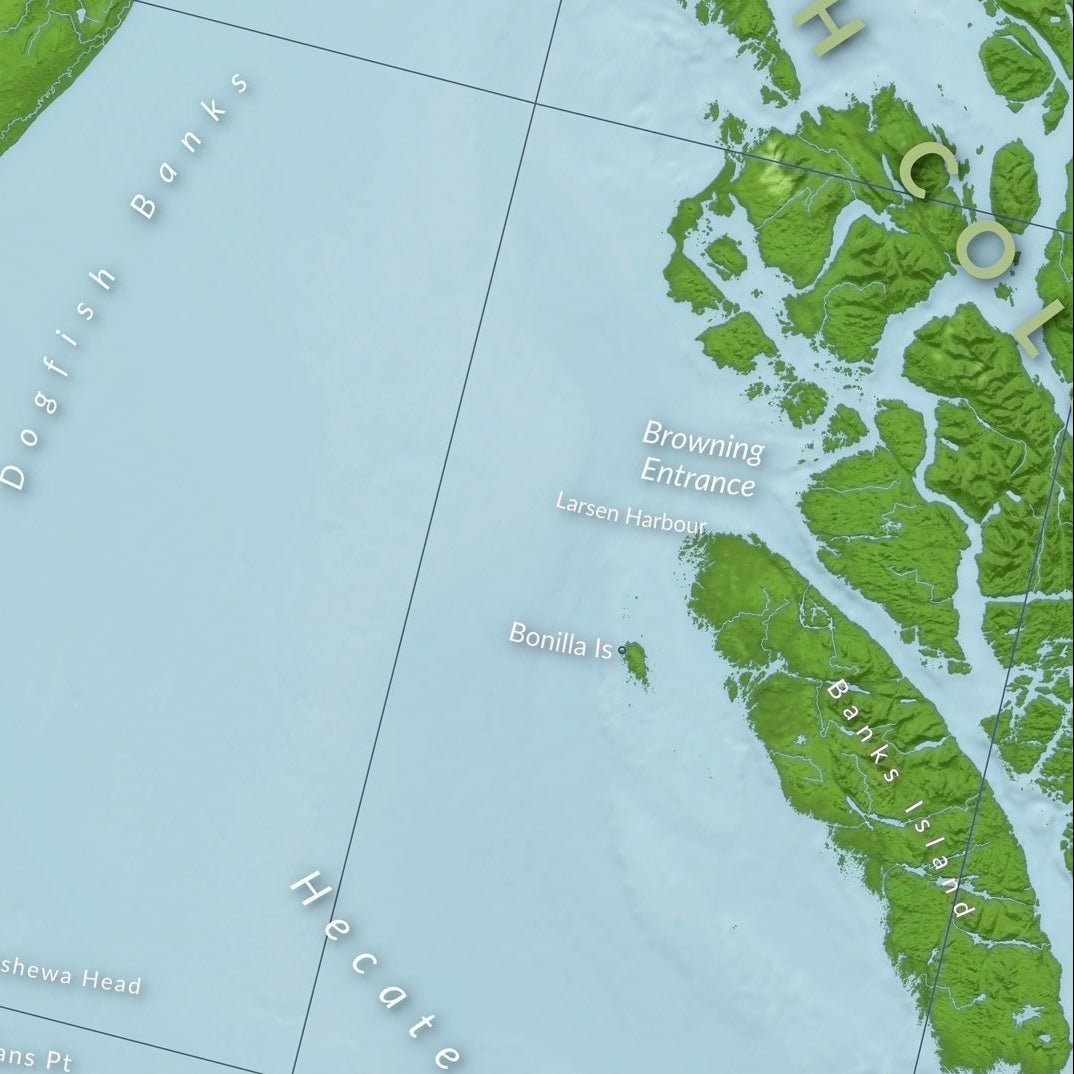 Image zoomed in to the mainland across from aida Gwaii. Showing the top end of Banks Island, a typical staging anchorage.