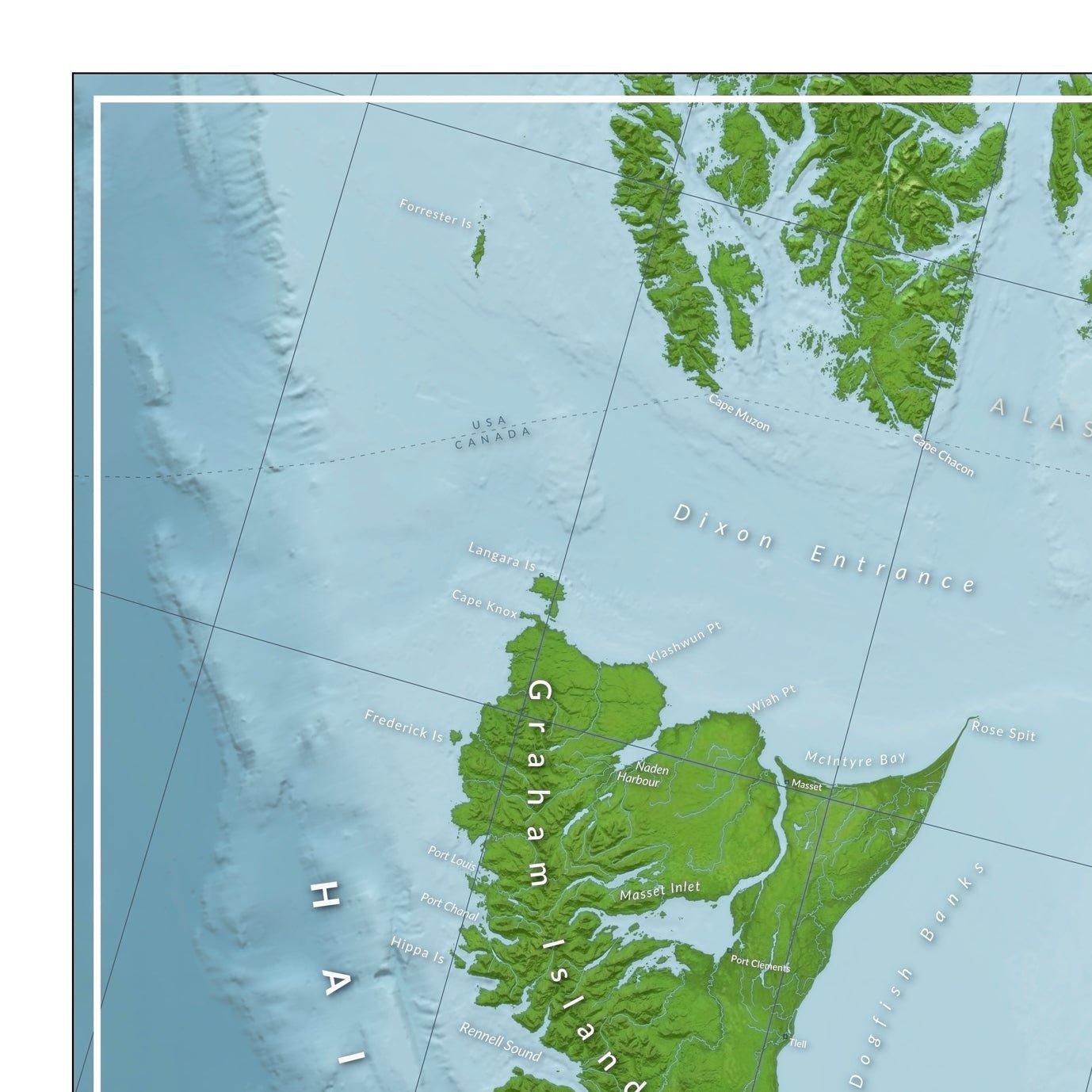 Zoomed in to the top left corner of the map, showing Dixon Entrance, Langara Island. Emphasizes the complex offshore bathymetry shading.