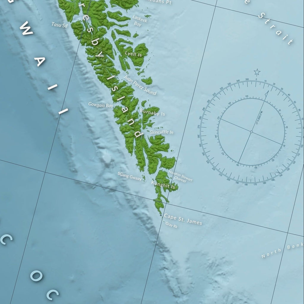 Image zoomed in to the map showing the south end of Haida Gwaii, in Gwaii Haanas, showing Cape St. James and a compass rose