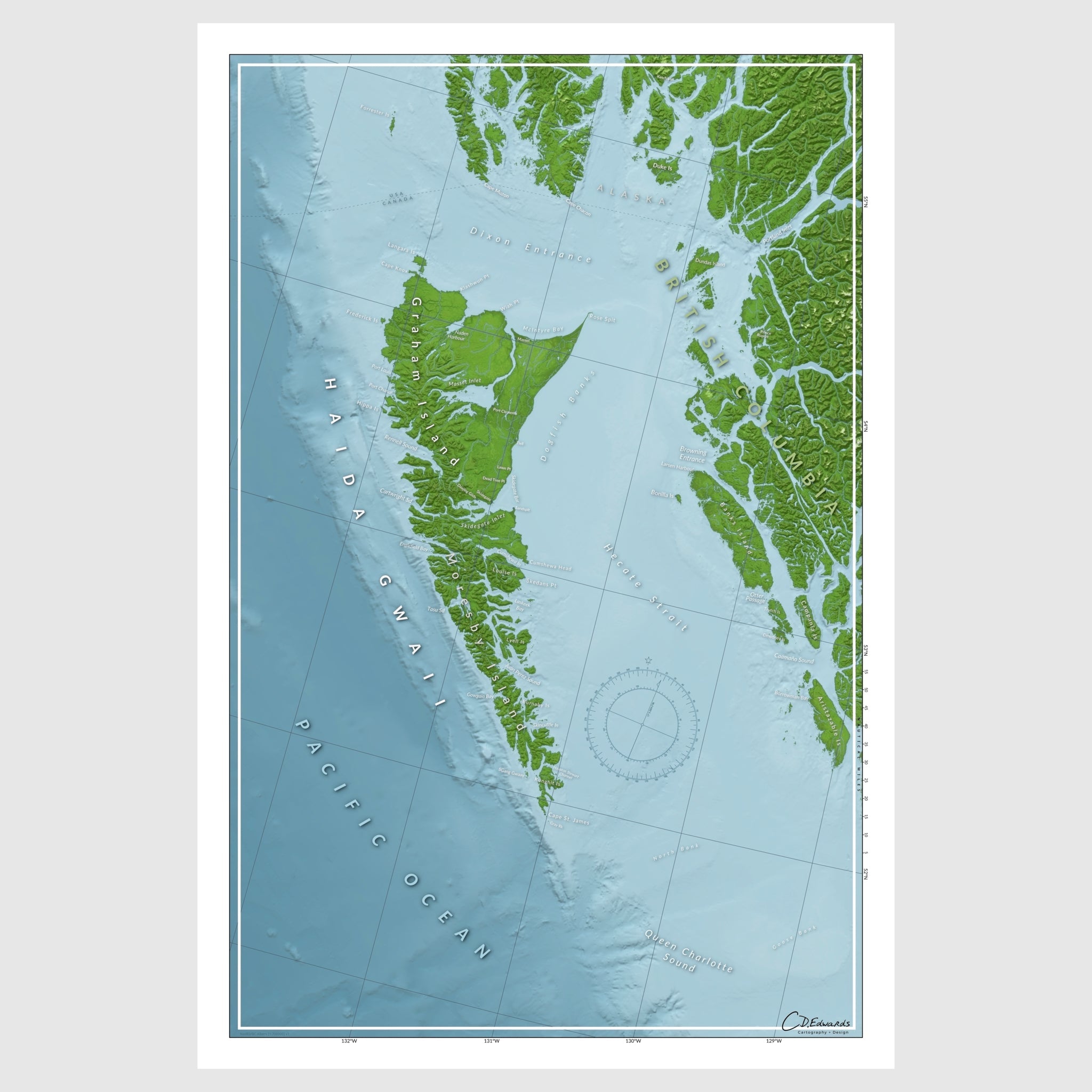 Full Haida Gwaii coastal map print showing intricate islands and waterways in detailed bathymetric style.​