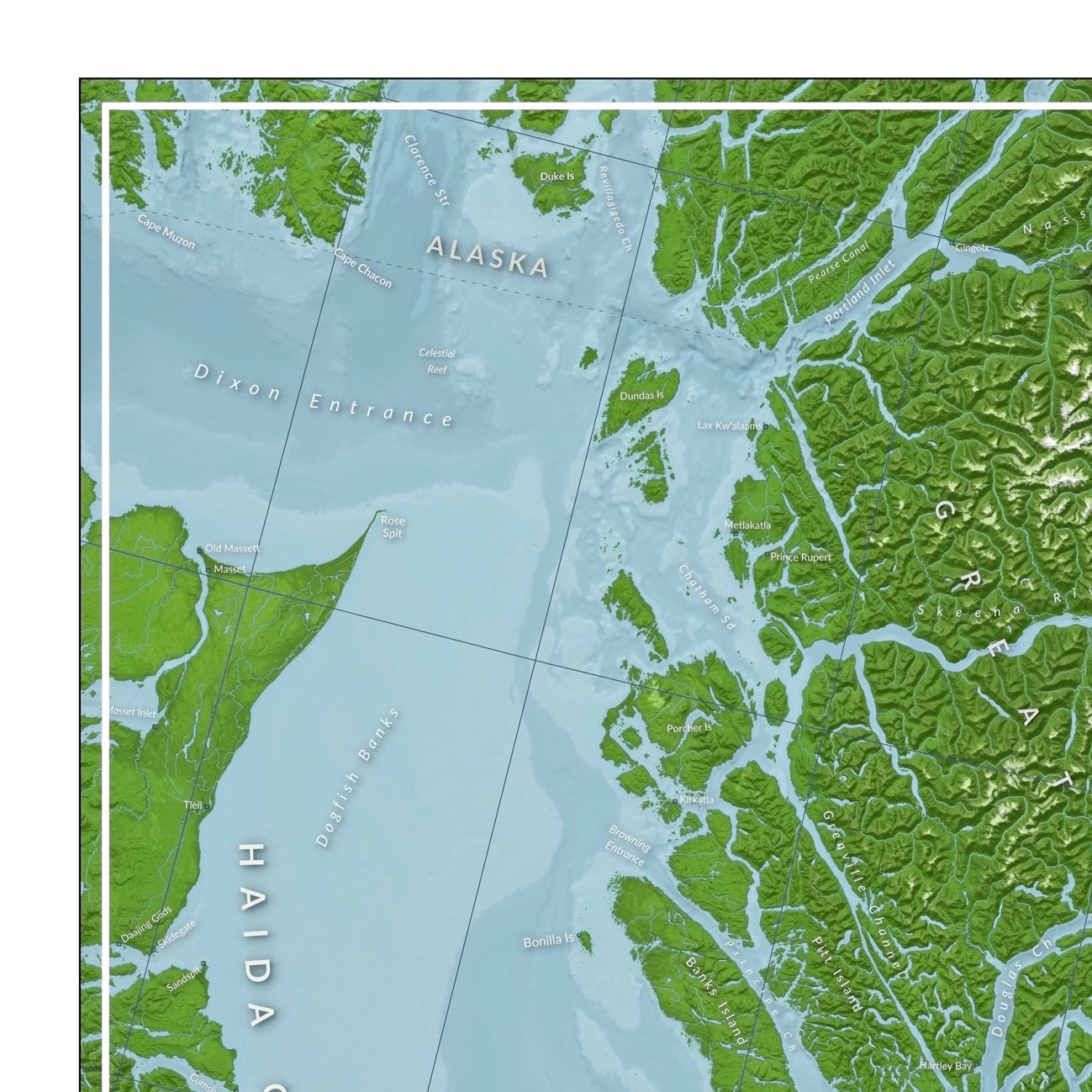 Zoomed in on a map of the North Coast, showing Haida Gwaii, Prince Rupert, and the depth shading of Hecate Straight.