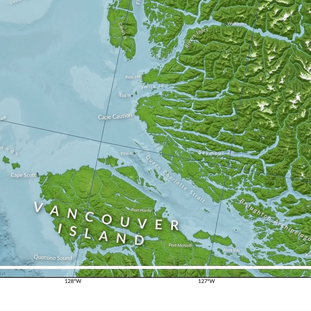 The bottom right corner of a map of the Great Bear Rainforest, showing the north end of Vancouver Island and Cape Caution.