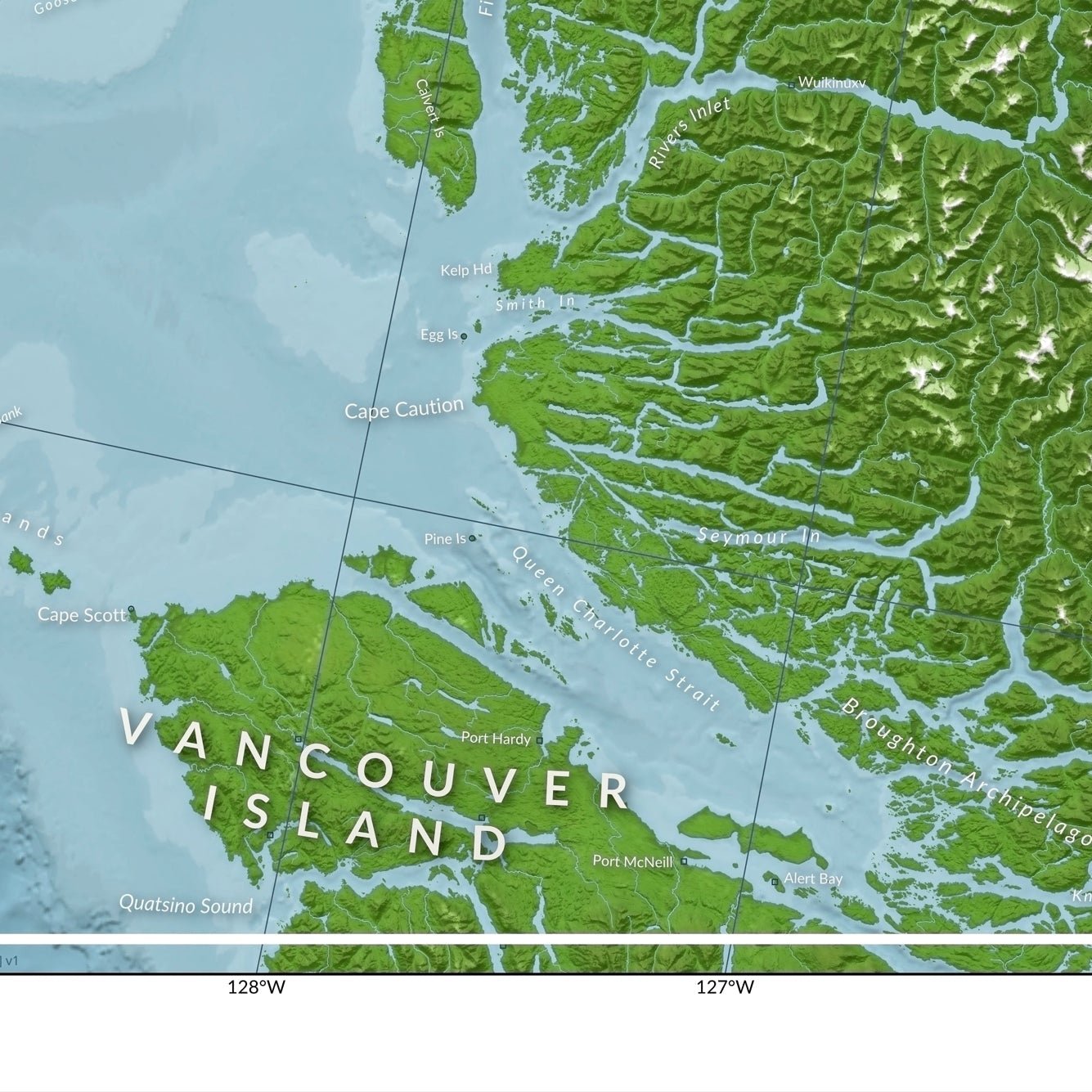 The bottom right corner of a map of the Great Bear Rainforest, showing the north end of Vancouver Island and Cape Caution.