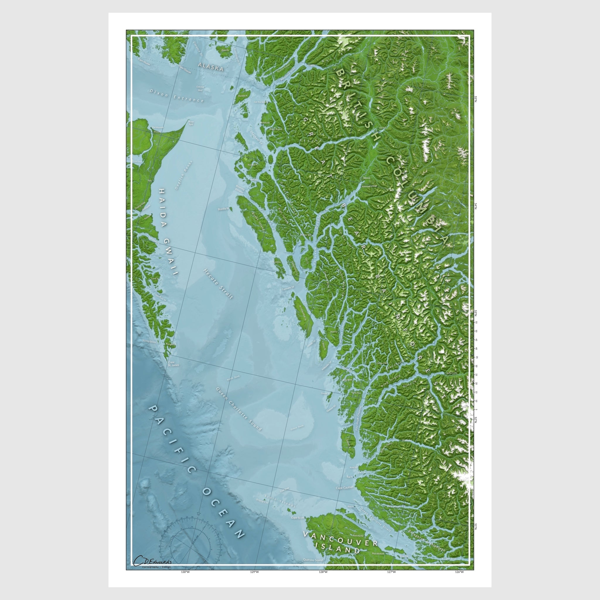 A map of the Great Bear Rainforest, starting on the north end of Vancouver Island and extending up to the Alaska border
