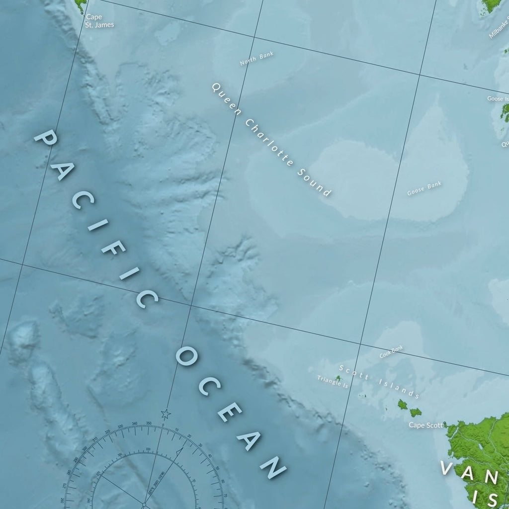 A zoomed in image showing the complex bathymetry texture of the continental shelf that runs north-south up the BC coast.