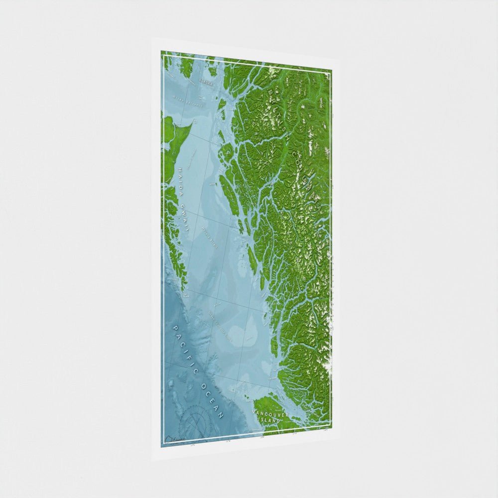 A map of the Great Bear Rainforest, on a white wall, shown at an oblique angle.