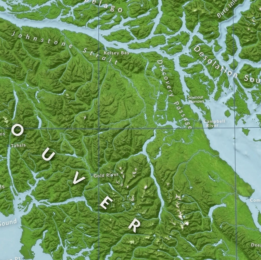 Map of Vancouver Island zoomed to mid-island. Showing Campbell River, Seymour Narrows, and the mountain topography