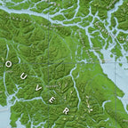 Map of Vancouver Island zoomed to mid-island. Showing Campbell River, Seymour Narrows, and the mountain topography