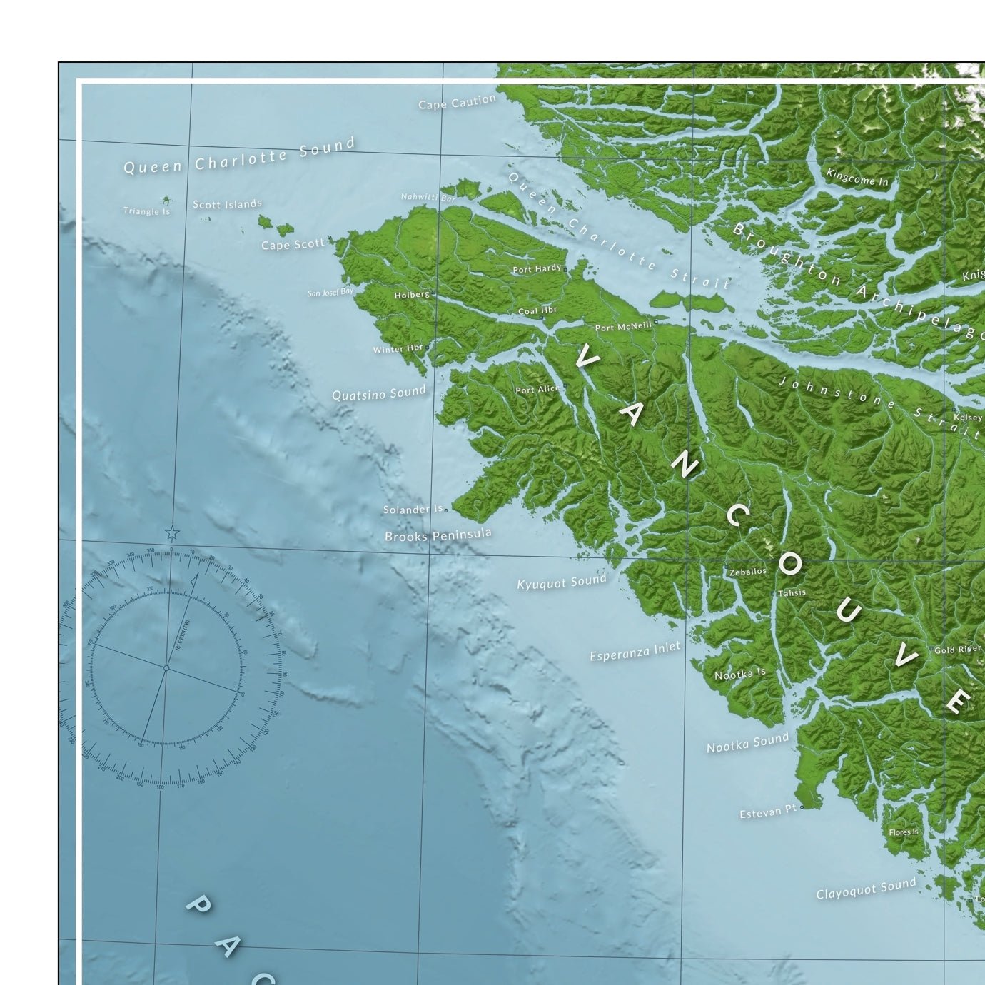 Printed wall map of Vancouver Island, highlighting the north west coast and Brooks Peninsula.