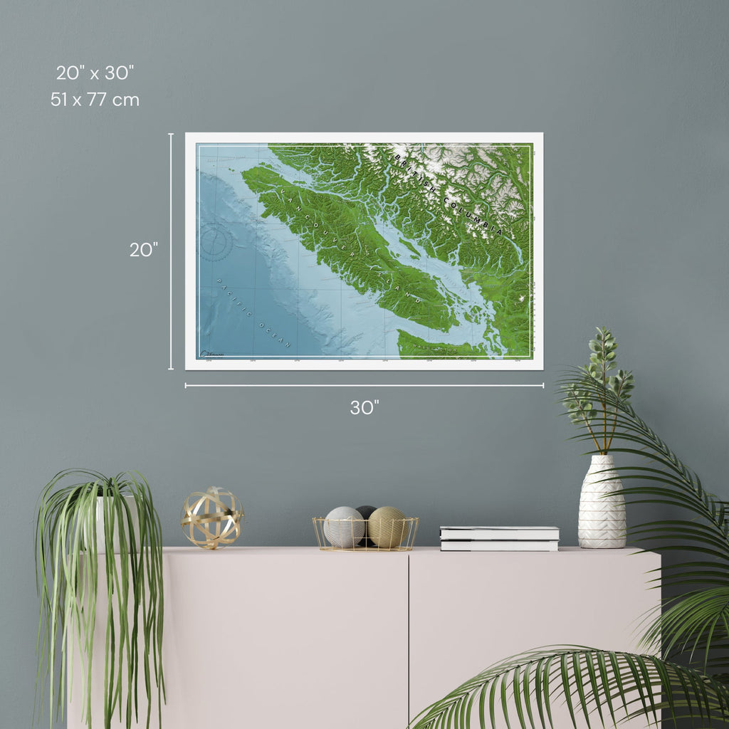 Map of Vancouver Island, hung on a gray wall, showing the 20x30 dimensions