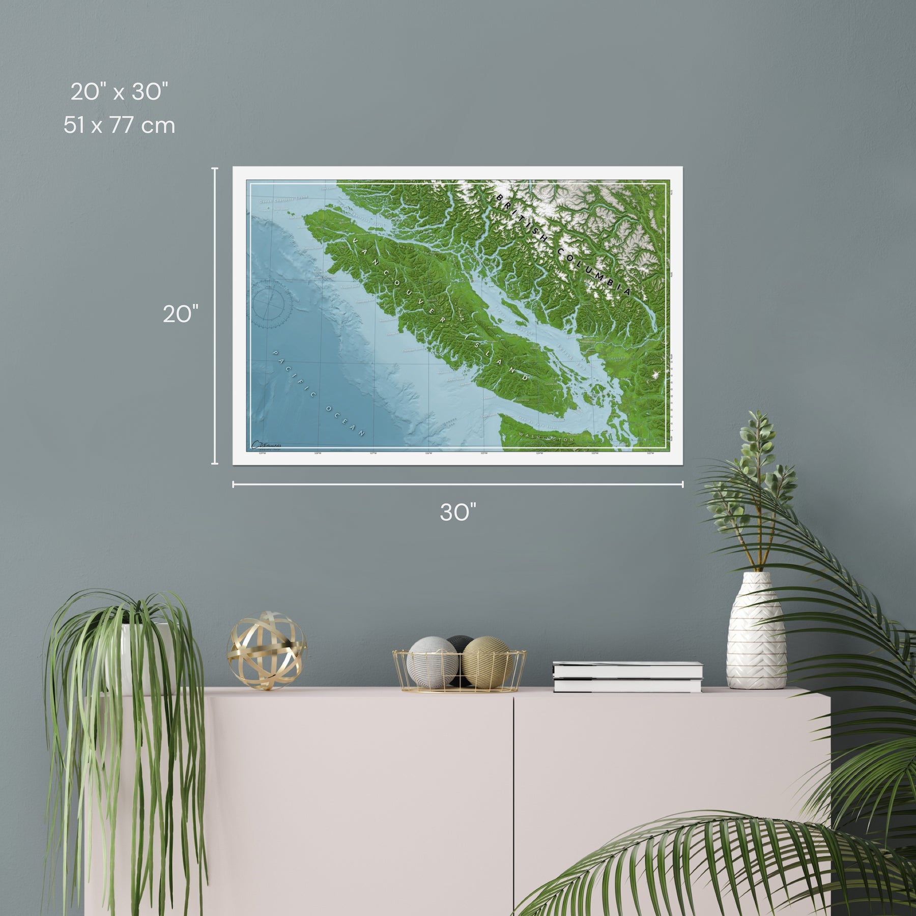 Map of Vancouver Island, hung on a gray wall, showing the 20x30 dimensions