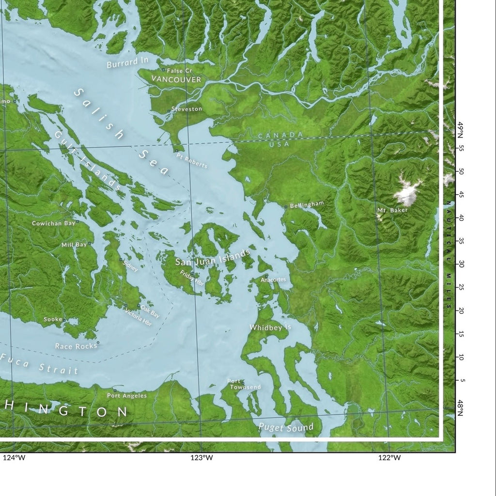 Map of Vancouver Island zoomed to the bottom right corner, showing the Gulf Islands, Puget Sound, and Vancouver