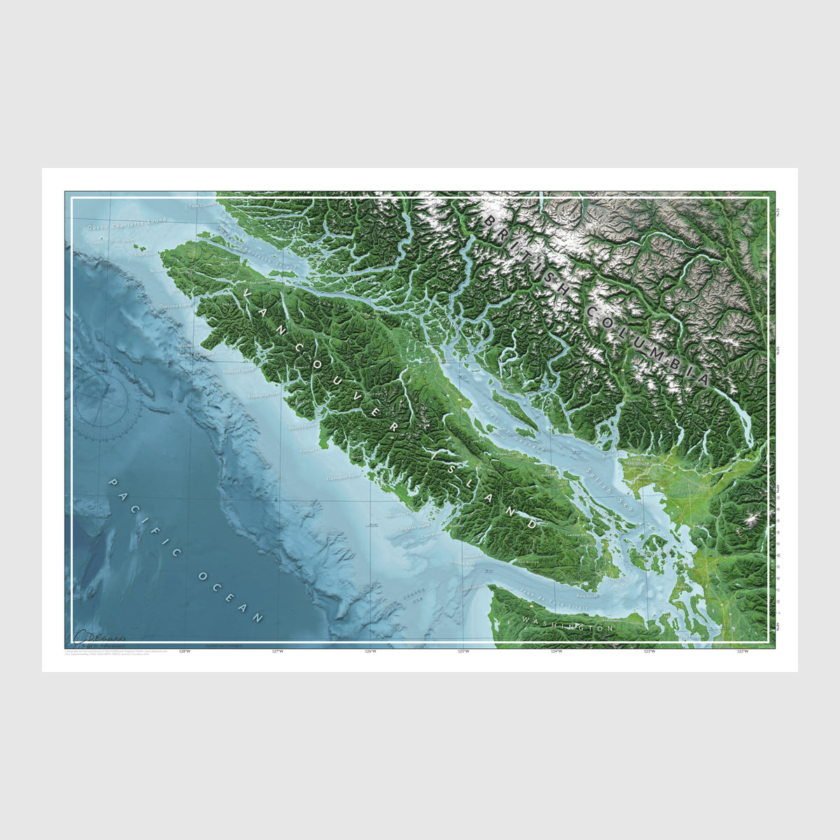 Entire Vancouver Island map print featuring the Salish sea and west coast waters out to the continental shelf.