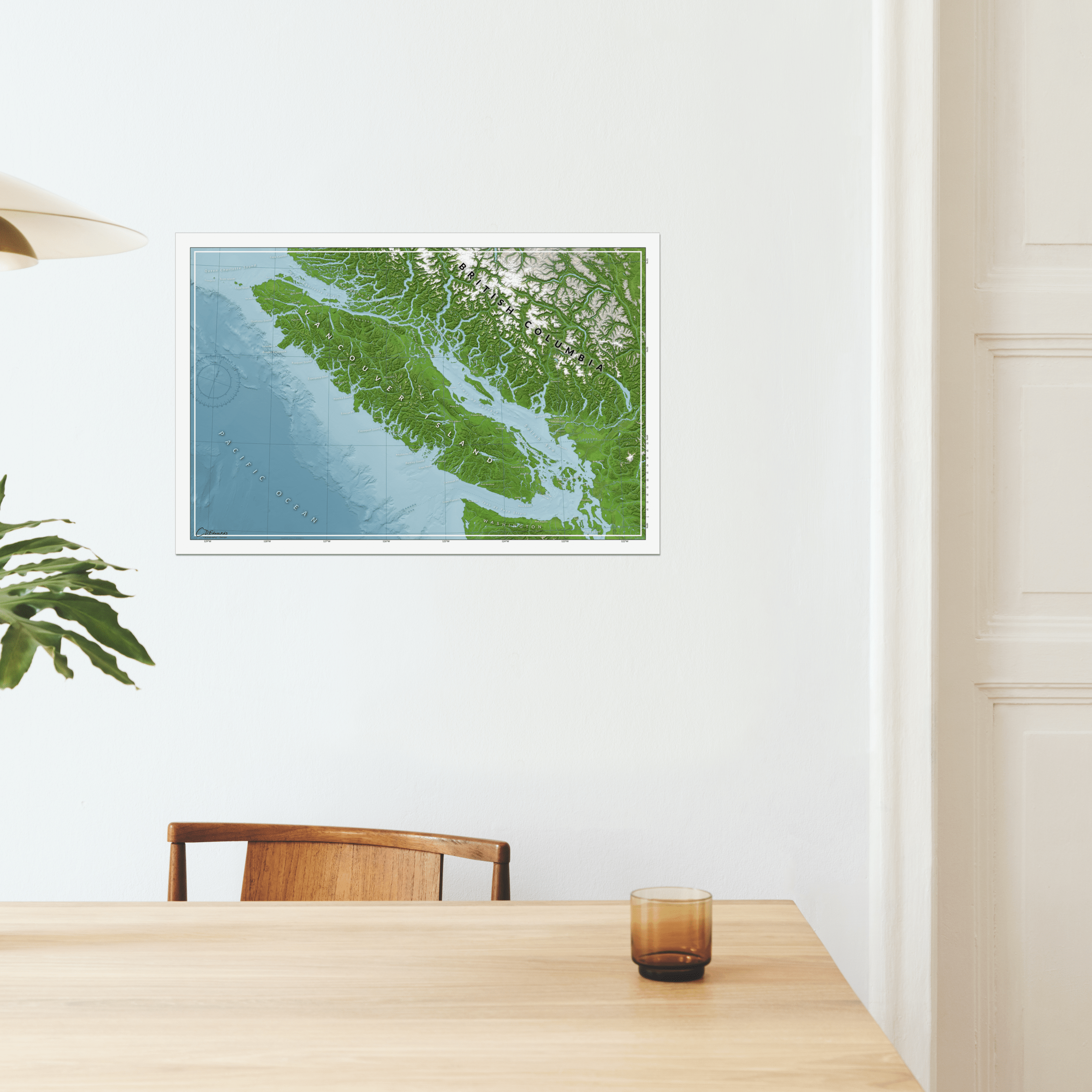 Vancouver Island map print on dining room wall, perfect for ocean adventure enthusiasts' interiors.​