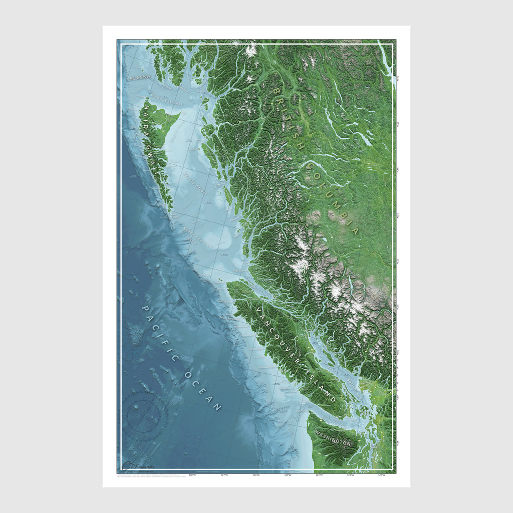 Complete British Columbia coastal map print with detailed terrain and bathymetry, fjords, and provincial boundaries.​