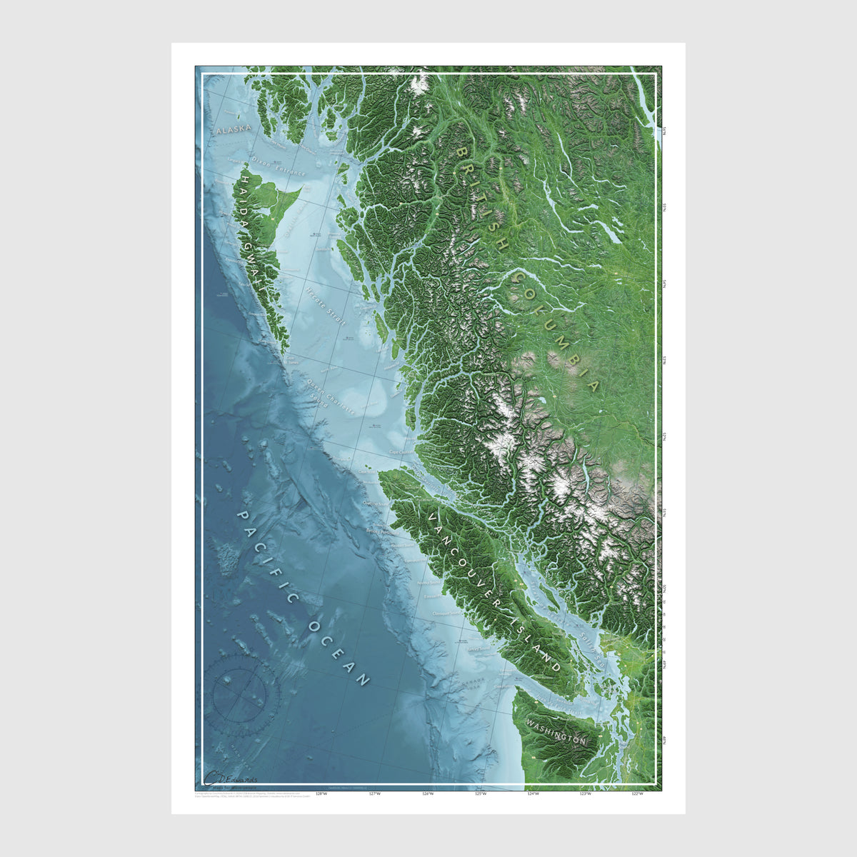 Complete British Columbia coastal map print with detailed terrain and bathymetry, fjords, and provincial boundaries.​